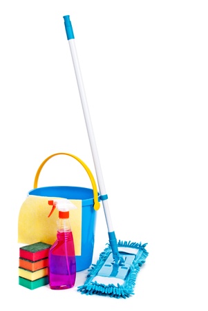 Mop and bucket. Isolated on white backgroundの写真素材