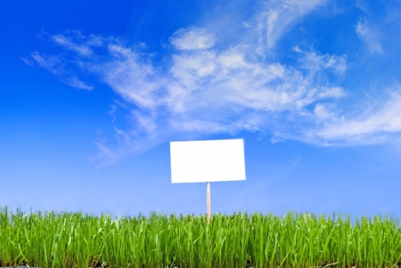 Blank white sing on neatly trimmed green grass against a blue cloudy sky background.の写真素材