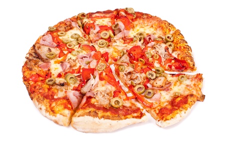 Excellent pizza with mozzarella, ham, pork, pickled peppers, olives isolated on white backgroundの写真素材