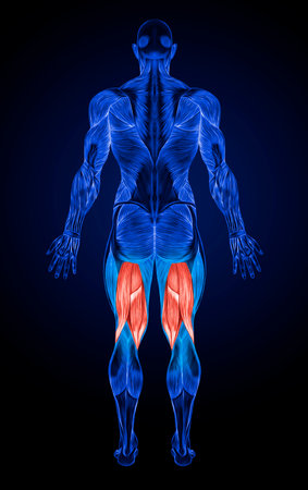 Conceptual 3D human man health anatomy muscle isolated on blue backgroundの写真素材