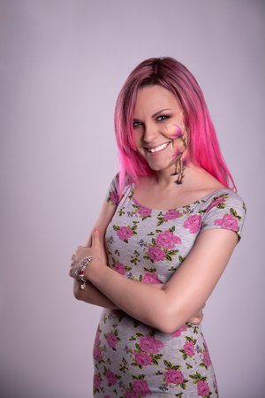 Beautiful girl with pink hairの写真素材