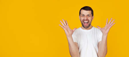 A young man with a beard in a white t-shirt is very happy and excited, making a winner gesture with raised hands, smiling and shouting success. Celebration concept Stands on isolated yellow backgroundの写真素材
