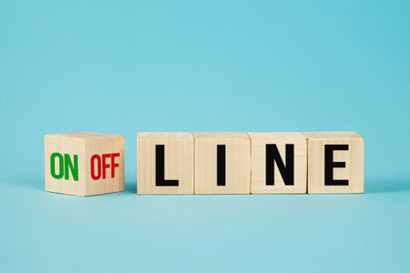 The dice and changes the word offline to online or vice versa. Rotates dice and changes expression offline to online. Business conceptの写真素材