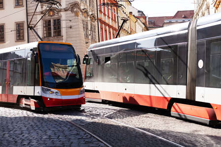 Modern tram in the street of Prague, Czech. City tramの写真素材