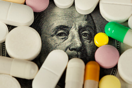 Covid-19 coronavirus pills are scattered across the hundred dollar bills. Hundred dollar bill covered with colorful medical pills. Money, healthcare and drug trafficking concept. Macro, top down viewの写真素材
