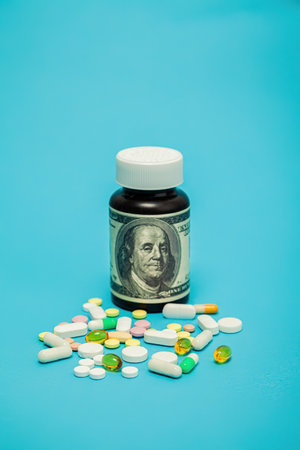 Money and pills of different colors on a blue background. The rise in the cost of medical care. The concept of insurance medicine, insurance, high cost, high cost of drugs.の写真素材