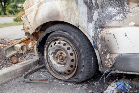 Car after a fire. Burnt rusty car after fire or accident. Car after the fire, crime of vandalism, riots. Arson car. Accident on the road due to speeding. Explosion.の写真素材