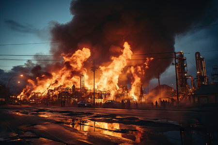 Oil depot fire at night. Dark smoke billowing from the fuel depot. Dramatic scene of an industrial fire at an oil refining factory. Emergency and disaster concept.の素材