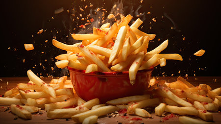 Deliciously Crispy French Fries Served in a Vibrant Red Bowl, Perfect for Savory Snack Cravingsの素材