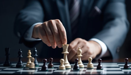 Strategic Move. Businessman Advances Chess Piece on the Chessboard. Businessman Maneuvering Chess Piece on the Board. Businessman moving chess piece on chess board gameの素材