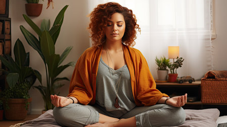 Relaxation methods. A lady carrying out pranayama while sitting in lotus position on the bed, employing breathing exercises to diminish worry and unease, gaining internal steadiness and harmonyの素材