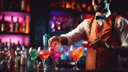 Lifestyle at the Bar. Bartender Pouring Alcohol, Making Drinks for Customers. Barman's Expertise. Pouring Alcohol, Serving Customers, Lifestyle Concept.の素材