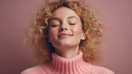 Joyous Woman with Closed Eyes, Blonde Curls, Radiates Carefree Positivity. Blonde Woman Exudes Happiness, Facepalms with Joyful Expression.の素材