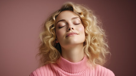 Blonde Woman in Pink Pullover Expresses Joyful Emotions, Facepalming Happily. Cheerful Woman in Pink Sweater, Closed Eyes, Signaling Positive Emotions.の素材