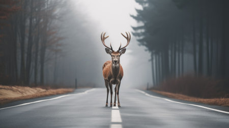 Wildlife Caution. Deer Crossing on Misty Forest Road, Transport Hazard Alert, Road Safety Awareness in Foggy Morning Setting.の素材