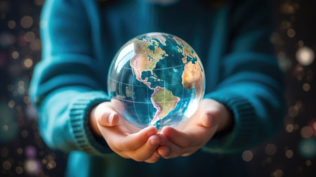 Global Education Concept. Crystal Globe, World Map in Children's Hands. Learning, University, Global Business Education, Study Abroad, International Education Opportunitiesの素材