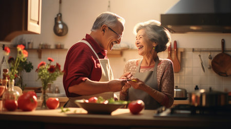 Elderly couple cooking in a kitchen. An elderly couple is cooking in their kitchen, enjoying preparing a meal together at homeの素材