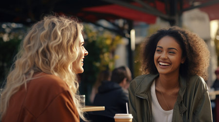 Casual Urban Interview - Diverse Young Women Enjoy Conversation, Answer Questionnaire, Sip Takeaway Coffee on Bench. Casual Attire, Vibrant City Background for Candid Interview.の素材