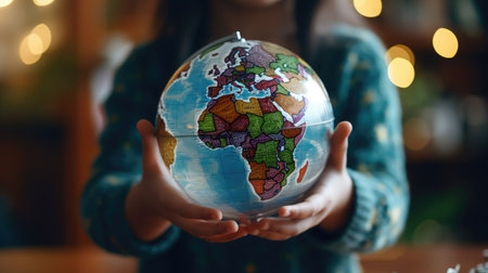 Global Learning and Education Concept. Crystal Globe and World Map in Child's Hands. Education, University, International Studies, Study Abroad, Global Business Educationの素材