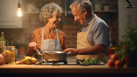Elderly Couple Preparing a Meal Together in Their Home Kitchen. An elderly couple is cooking together in their kitchen. They are preparing a meal at home and enjoying the activityの素材