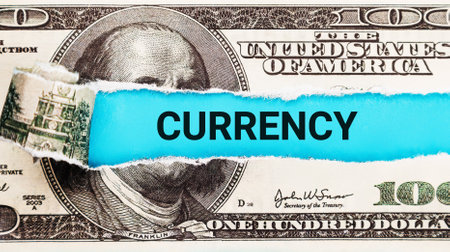 Currency The word Currency in the background of the US dollar. Financial Markets Concept. International Money Trading Background. Torn bills that say "Currency"の写真素材