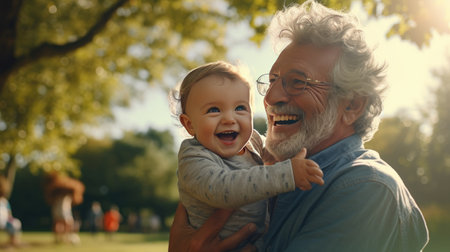 Gray-Haired Grandfather Holds Grandson in Joyful Park Day. Heartwarming Moments of Multi-Generation Bliss. Family Fun and Togetherness, Creating Cherished Memories on Happy Holidays.の素材