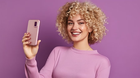 Cheerful Woman with Curly Blonde Hair, Radiant Smile, Making a Peace Gesture, Captures Joy in a Stylish Selfie. Fashionable Pose Against a Purple Background, Celebrating Life and Happinessの素材