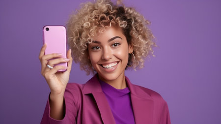 Curly Blonde Woman Radiates Joy with Peace Gesture, Captures Happiness in Smartphone Selfie. Chic Fashion and Effortless Elegance Against a Purple Backdrop. Celebrating Life's Enjoyable Momentsの素材