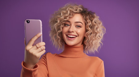 Stylish Curly Blonde Woman, Peaceful Gesture, Smiles while Taking a Smartphone Selfie. Fashion and Happiness Blend Against a Vibrant Purple Background. Lifestyle Celebration of Positivity and Enjoymentの素材