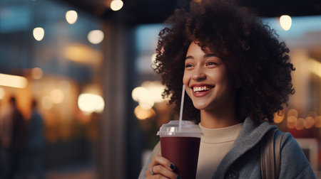 Curly-Haired Woman in Casual Jacket Savoring Fresh Detox Vegetable Smoothie. Embracing a Healthy Diet with a Radiant Smile, Enjoying a Leisurely Stroll in the City. Lifestyle and Well-being Conceptの素材