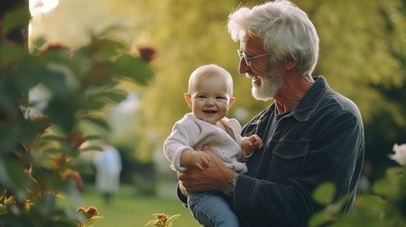 Gray-Haired Grandpa Lovingly Holds Grandson Outdoors. Heartwarming Moments of Family Bonding in the Park. Cherished Grandfather-Grandchild Connection and Happy Outdoor Family Holidaysの素材