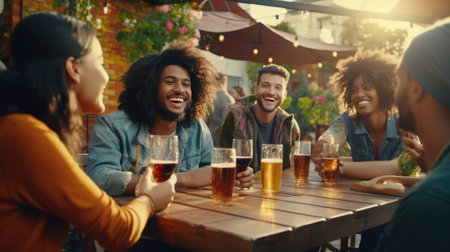 Multi-Ethnic Friends Enjoy Backyard Dinner. Diverse Group Toasting Beer Glasses. Young People Sitting at Bar Table Celebrate Togetherness and Friendship in Outdoor Social Gatheringの素材