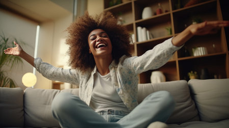 Sofa Celebration. Happy Afro-American Woman Dancing at Home - Smiling Girl Enjoying Day Off, Relaxing on Couch - Healthy Lifestyle and New Home Good Vibes.の素材