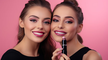 Glamorous Friends. Women Apply Lipstick, Prep for Party - Beauty Treatments on Pink Background - Joyful Preparation for a Fun Night Out.の素材