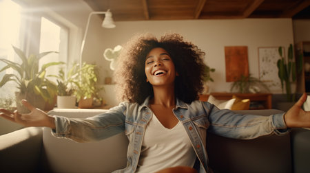 Relaxed Home Life. Afro-American Woman Dancing on Sofa - Smiling Girl Enjoying Day Off, Lying on Couch - Healthy Lifestyle, Good Vibes, New Home.の素材