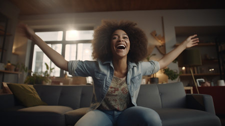 Cheerful Afro-American Woman Dancing on Sofa at Home - Joyful Woman Relaxing, Enjoying Day Off on Couch - Healthy Lifestyle, Positive Vibes, New Home Concept.の素材