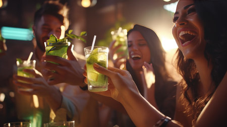 Young Friends Cheers Mojito Drinks at Cocktail Bar - Vibrant Group Enjoying Happy Hour at Pub - Party Atmosphere and Youthful Celebration - Socializing, Fun, and Refreshing Cocktails Conceptの素材