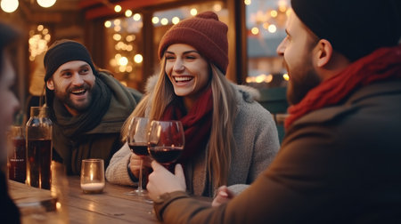 Joyful Friends Dining with Red Wine on Terrace - Young People in Winter Attire Enjoying Wine Bar Outdoors - Socializing, Leisure, and Winter Gathering in Urban Setting - Vibrant Moments Capturedの素材