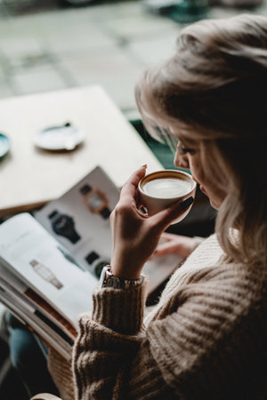 Coffee Break with Style. Woman Enjoying Fashion Magazine and Coffee. Relaxed Moment of Reading and...