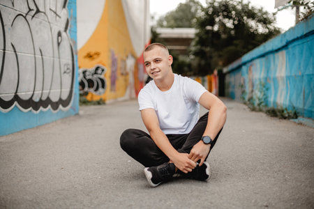 A young man sits on the ground with his hands on his knees. He is wearing a white shirt and black...