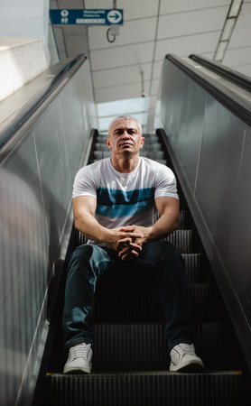A man in a white shirt and blue jeans sits on a set of escalators. He is looking down at his hands and he is in a contemplative moodの写真素材