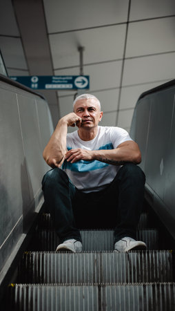 A man sits on an escalator, looking down at his phone.の写真素材