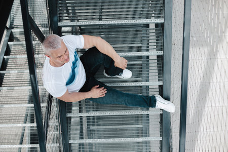 A man in a white shirt and blue jeans is sitting on a set of stairs. He is looking down at his feet.の写真素材