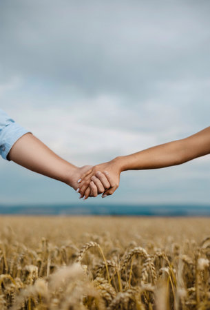 A couple walks hand-in-hand through a golden wheat field, capturing a peaceful and romantic moment. Ideal for themes of love, connection, and serene outdoor settings.の写真素材