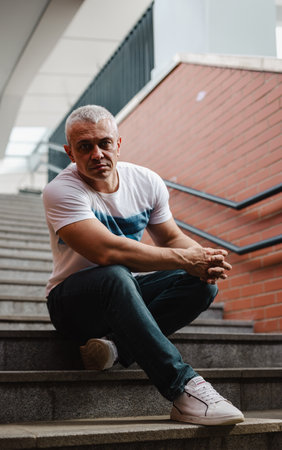 A man in a white shirt and blue jeans is sitting on a set of stairs. He is looking at the camera with a serious expressionの写真素材