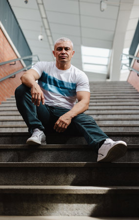 A man in a white shirt and blue jeans sits on a set of stairs. Concept of relaxation and casualness, as the man is not wearing a tie or any formal attire. The stairs themselves are made of stoneの写真素材