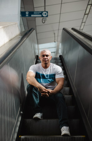A man is sitting on the stairs of an escalator. He is wearing a white shirt and blue jeansの写真素材
