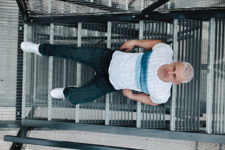 A man is standing on a staircase. He is looking down at the stairs and he is in a contemplative moodの写真素材