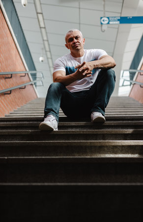A man is sitting on a set of stairs. He is wearing a white shirt and blue jeansの写真素材