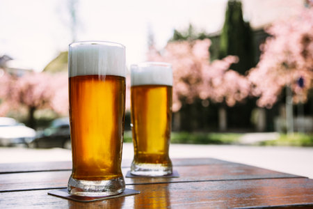 Two glasses of cold amber beer with thick foam standing on a wooden table outdoors. Ideal for spring lifestyle, beer ads, outdoor leisure, and drink-related projectsの写真素材